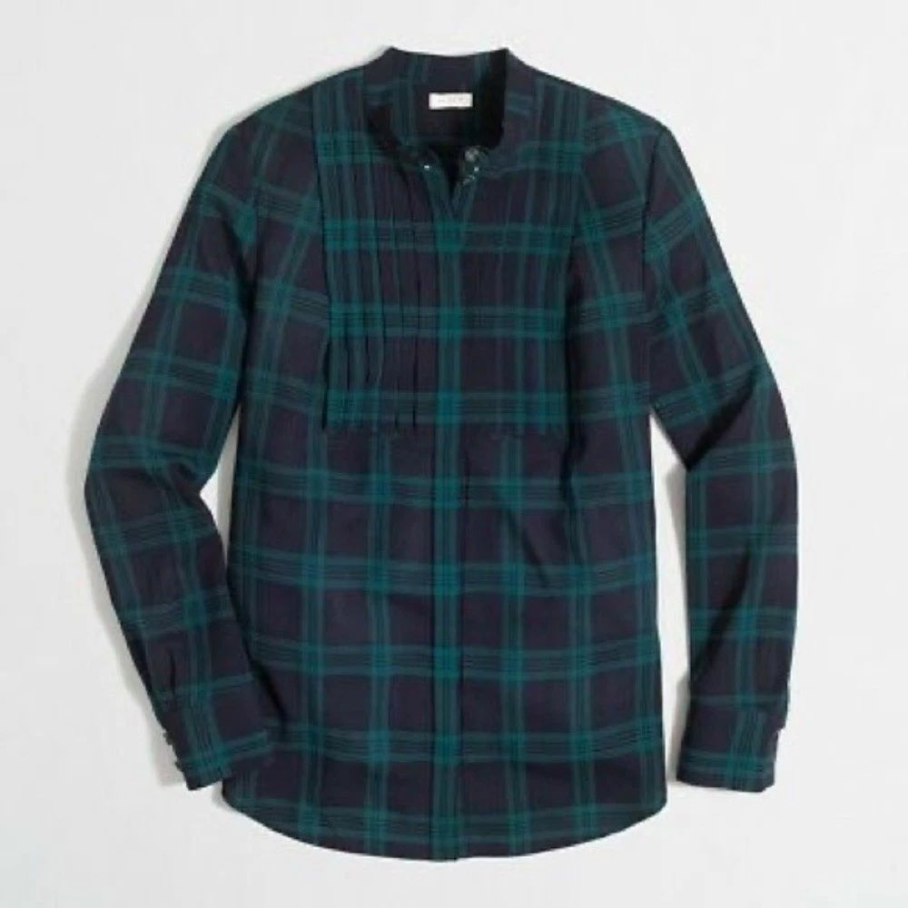 J.Crew Plaid Blouse Women XS Tartan Plaid Green Navy Pleated Preppy Datk Acaemia